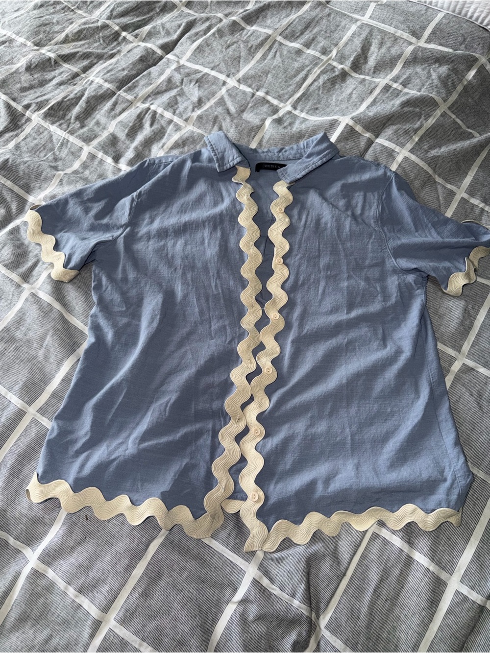 Light Blue Ric-Rac Trim Short-Sleeve Blouse